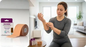 Žena si aplikuje tejpovací pásku na zápěstí po sportu. Opakovaně ji aktivuje krémem Rigenoma.